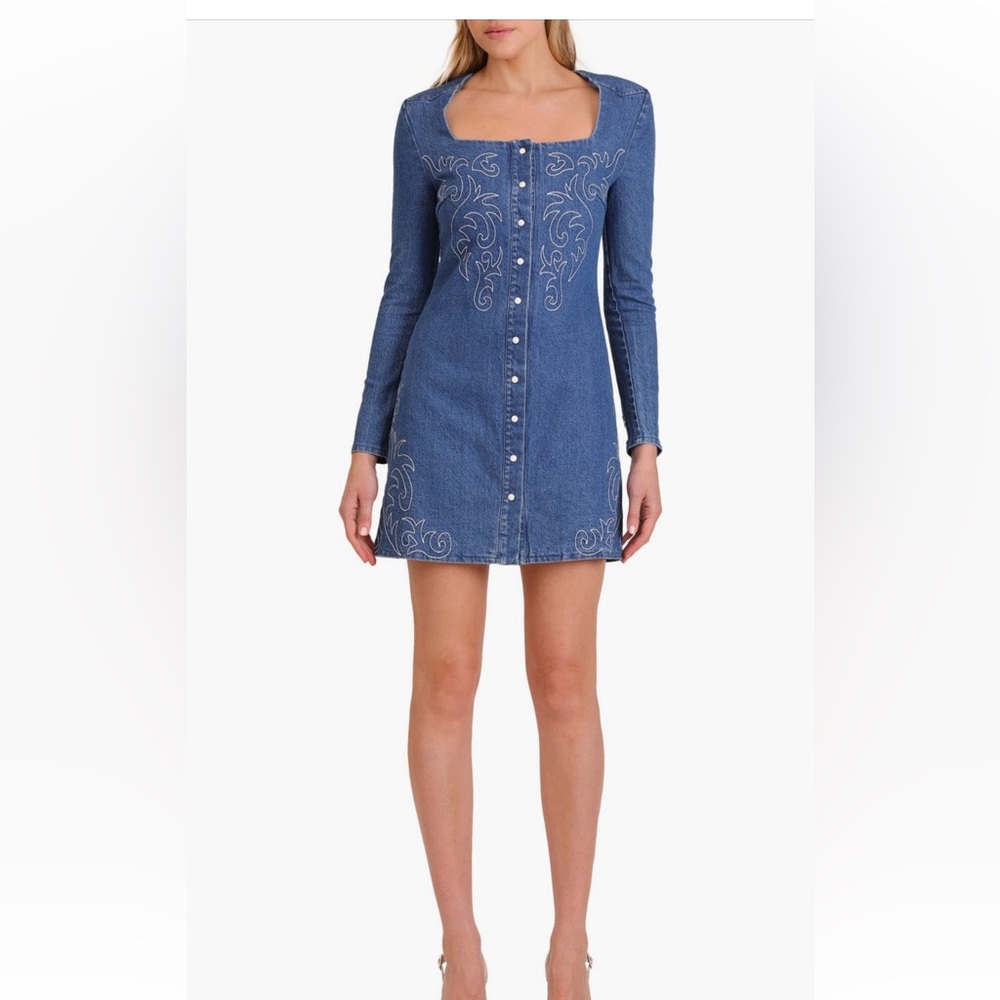 Avec Les Filles Western Embroidered Denim Dress in Provence Wash